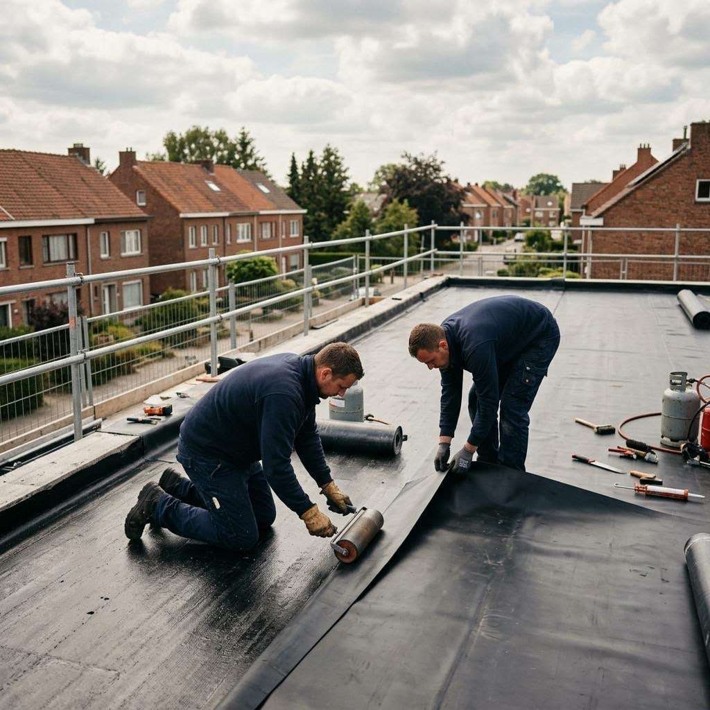 Illustratief beeld: dakwerkers aan het werk met valbeveiliging